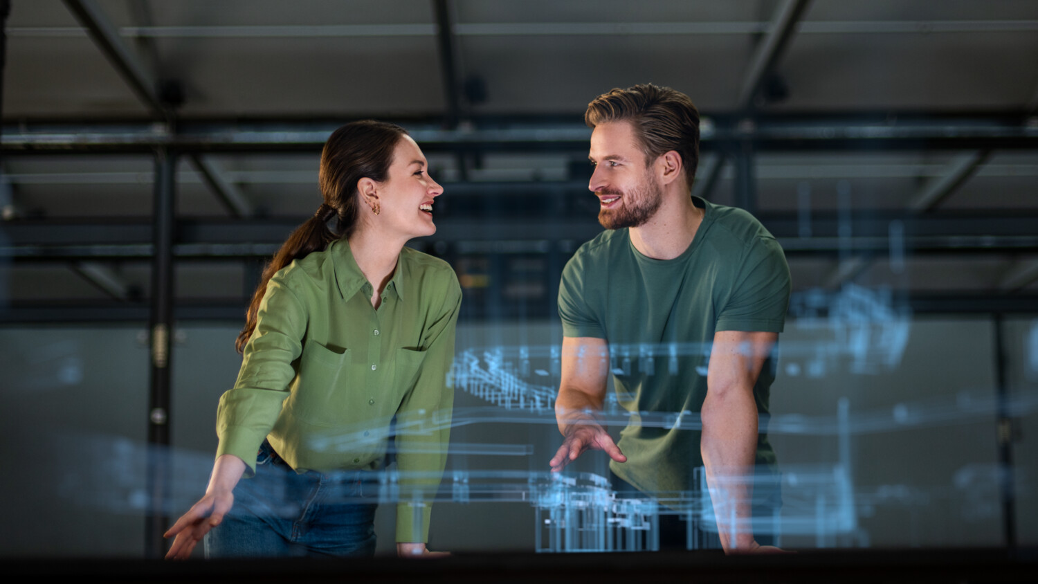 Colleagues working with hologram when planning.