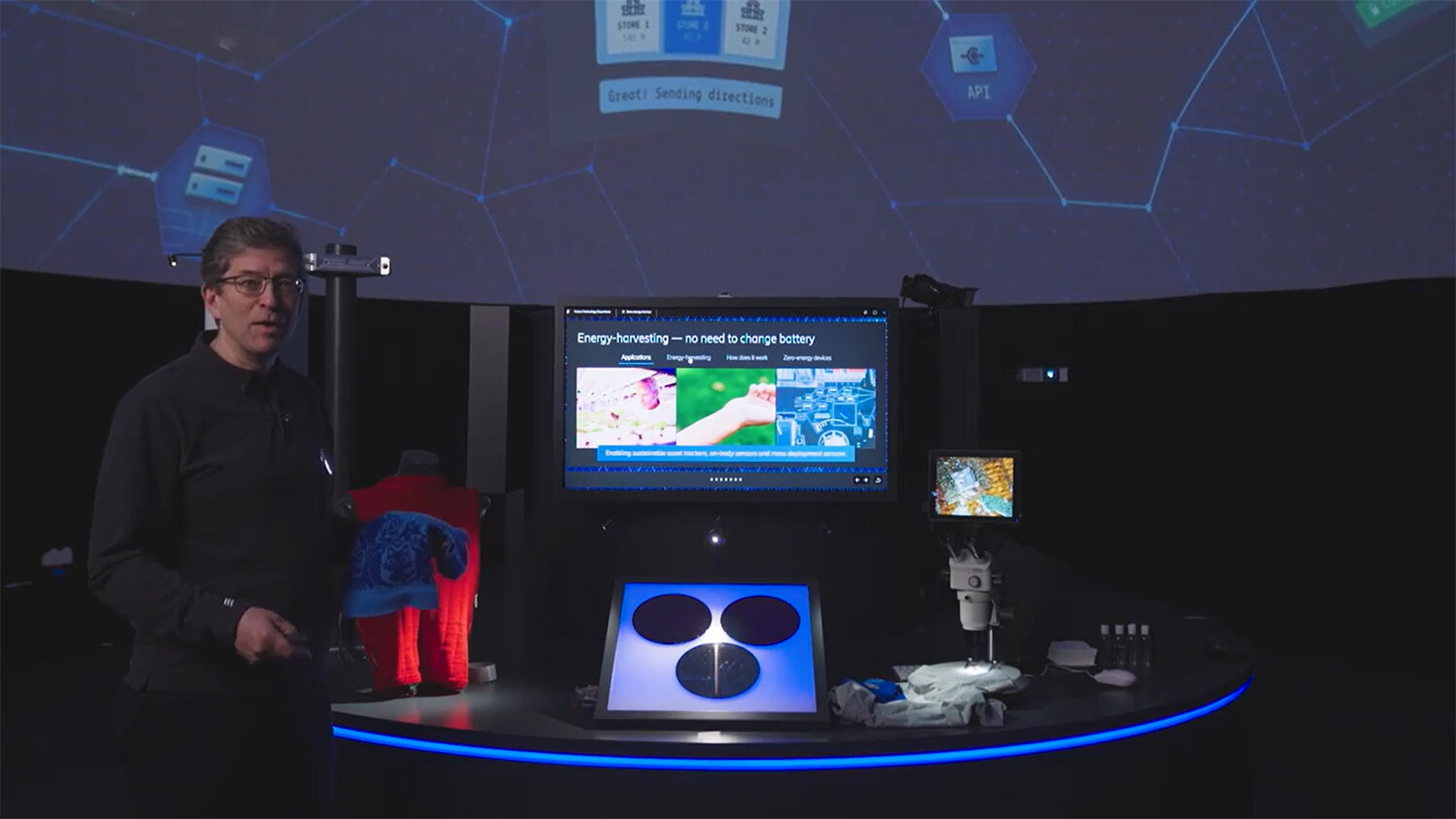 上图：与MIT合作，在2023年世界移动通信大会上展示了无线传感纺织品和零能耗设备的潜力