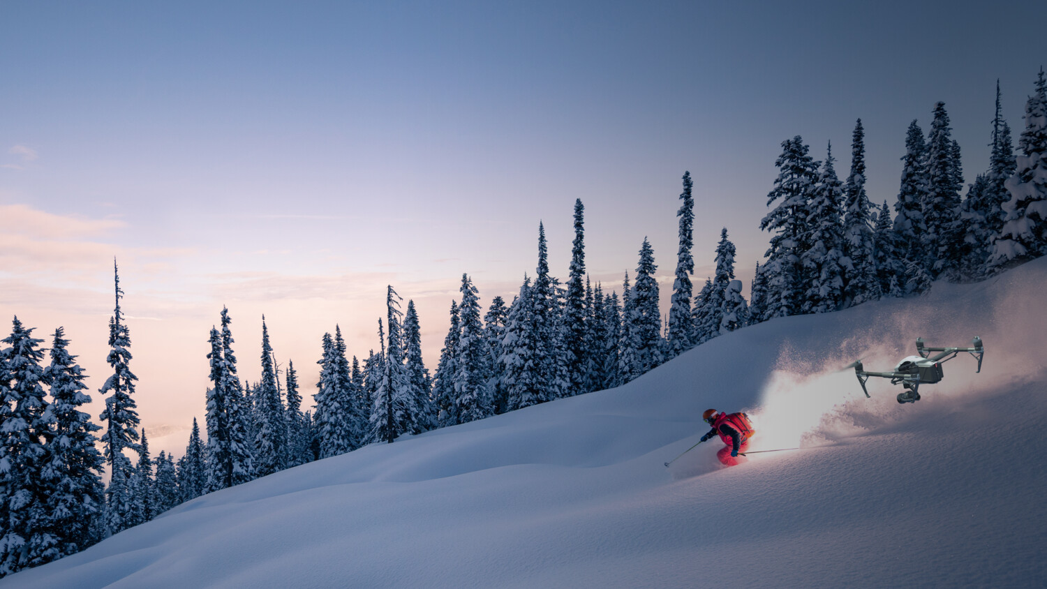 Skier followed by drone