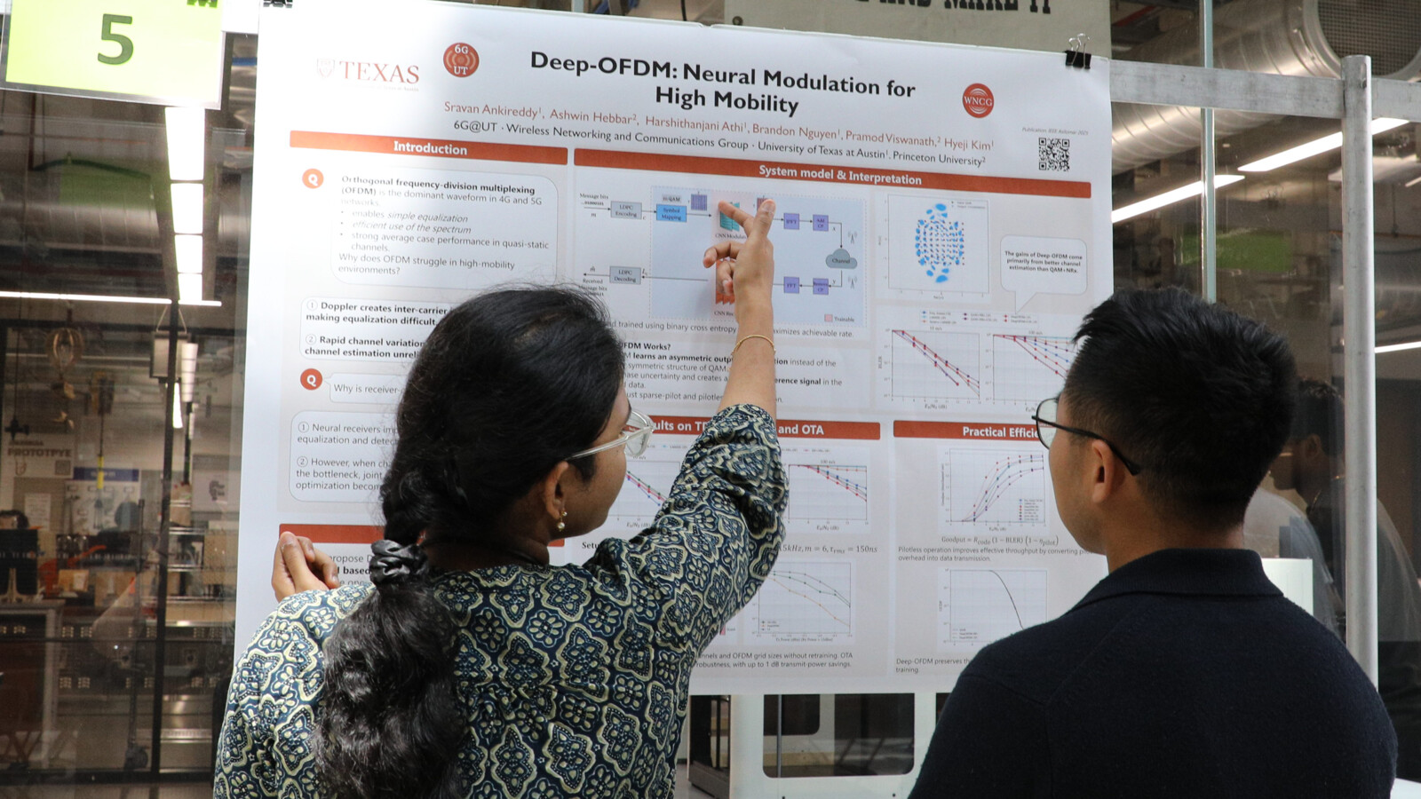Graduate students discussing 6G research posters at the 6G@UT Forum hosted by UT Austin