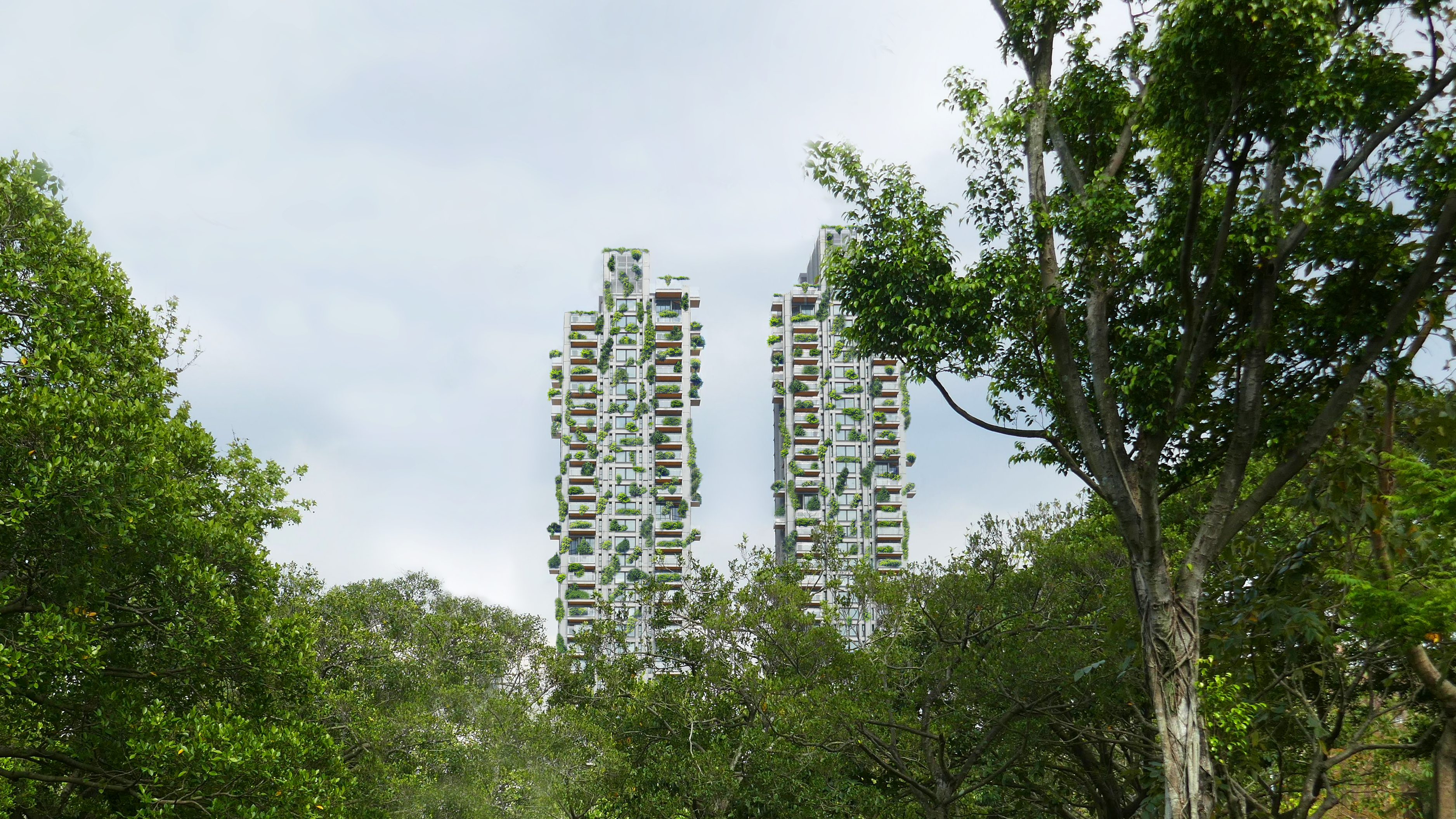 Sky scrapers with green balconies.
