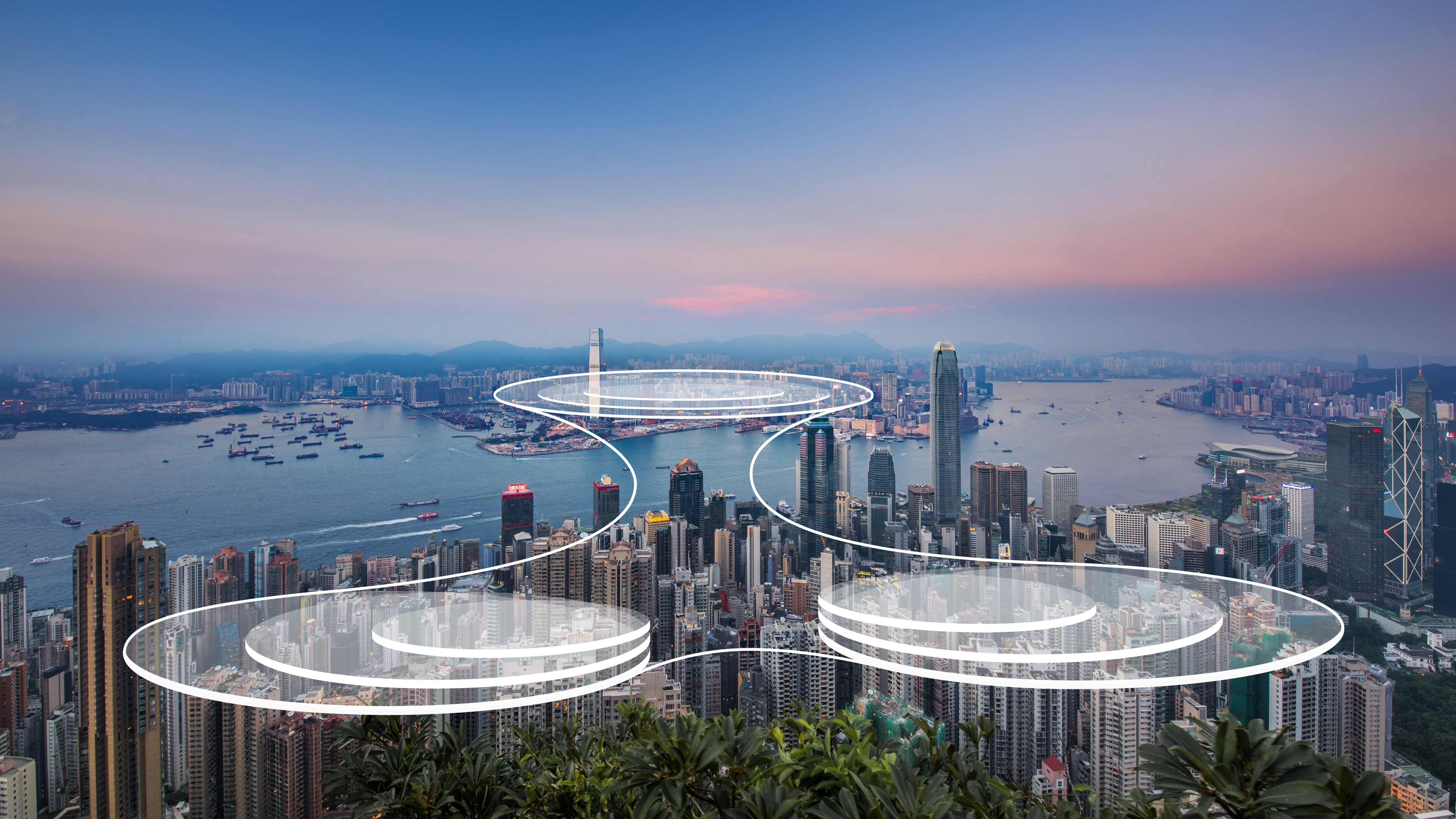 Cityscape with graphic overlay representing connectivity.