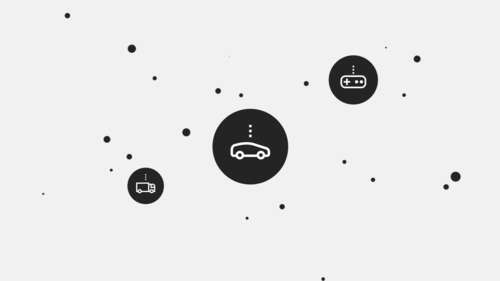 Graphic of game console, car and a truck in a black circles.