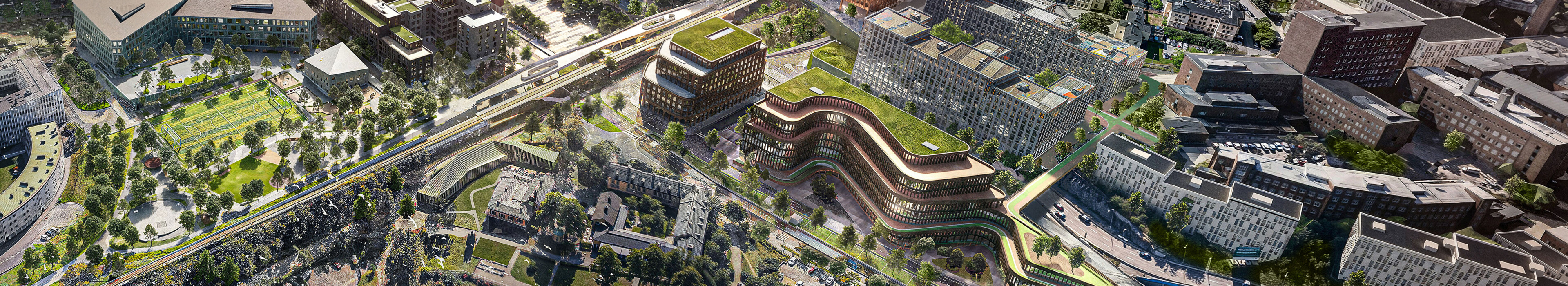Artistic aerial impression of completed Hagastaden. Image courtesy of Stockholm Stad.