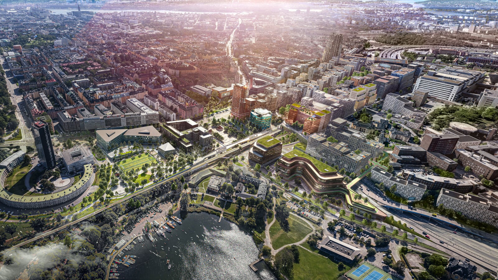 Artistic aerial impression of the completed Hagastaden urban redevelopment in Stockholm.