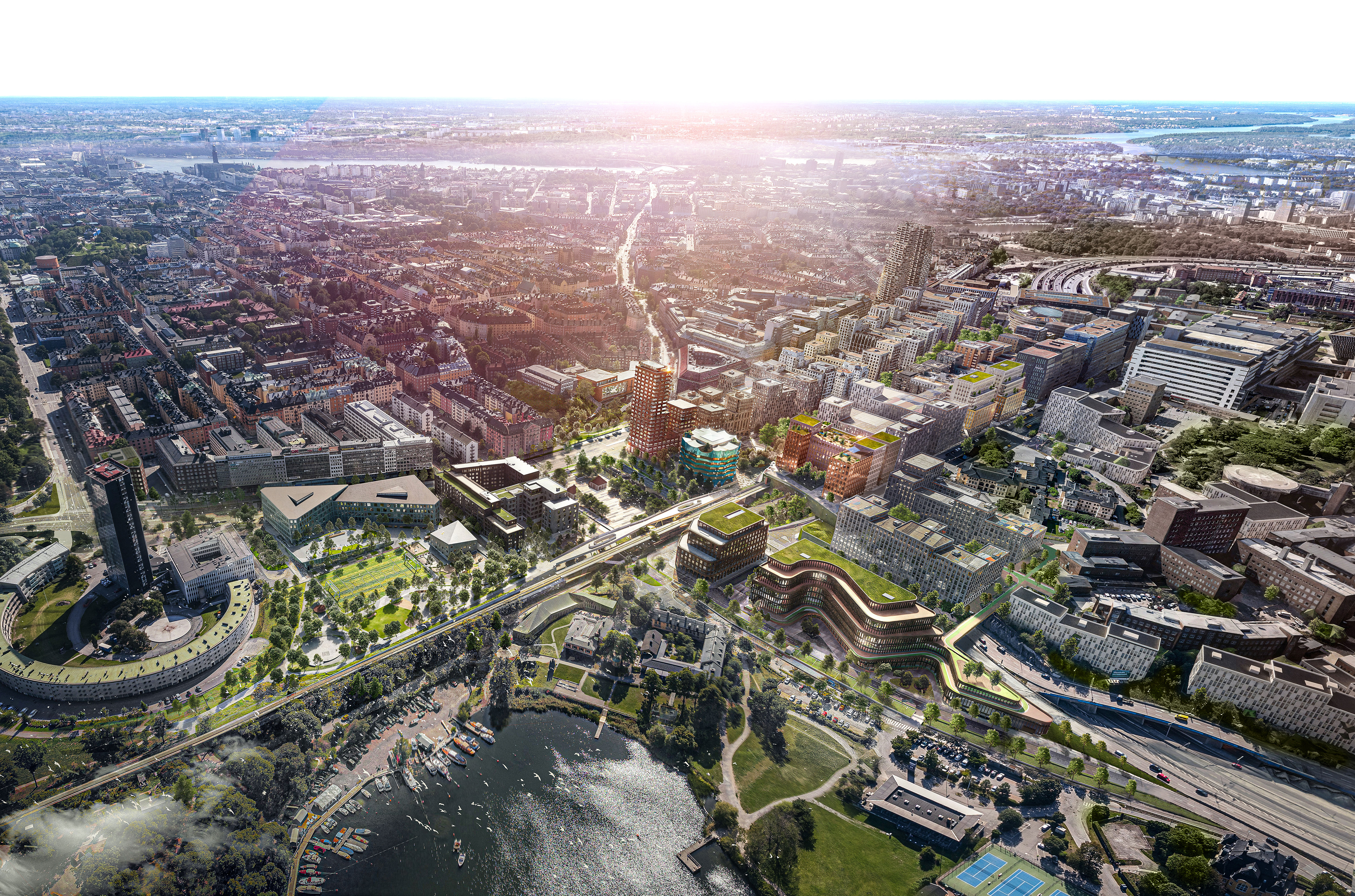 Artistic aerial impression of complete Hagastaden urban redevelopment. Artistic aerial impression of complete Hagastaden urban redevelopment.