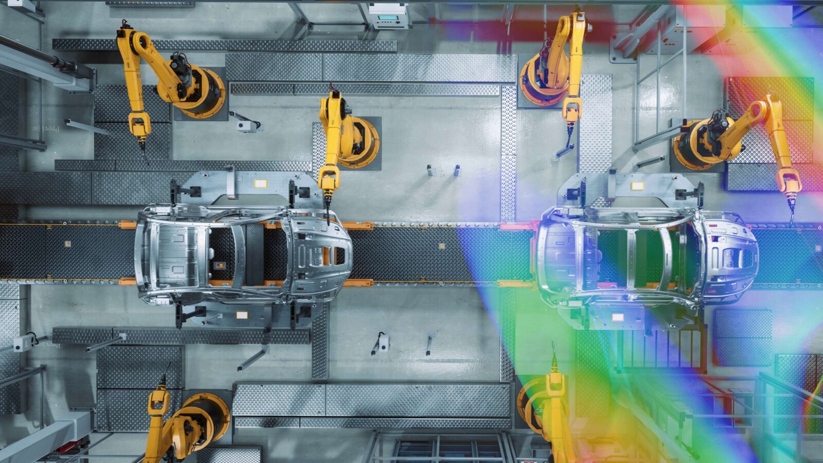 Robotic arms assembling cars in an automated factory