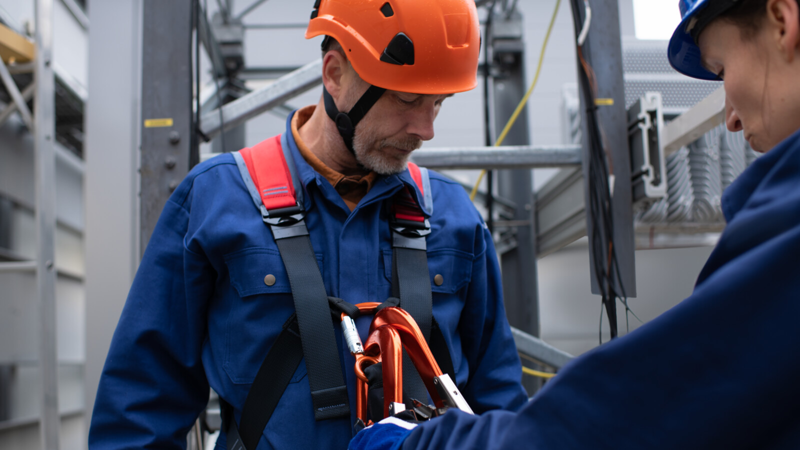Field workers checking safety equipment before climbing tower