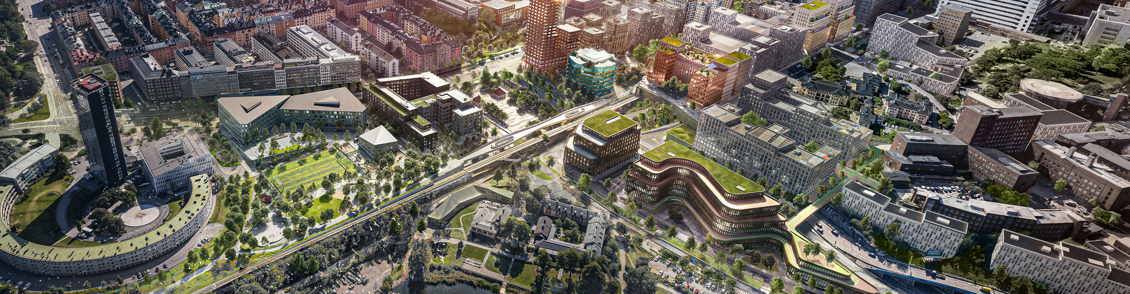 Artistic aerial impression of the completed Hagastaden urban redevelopment in Stockholm.