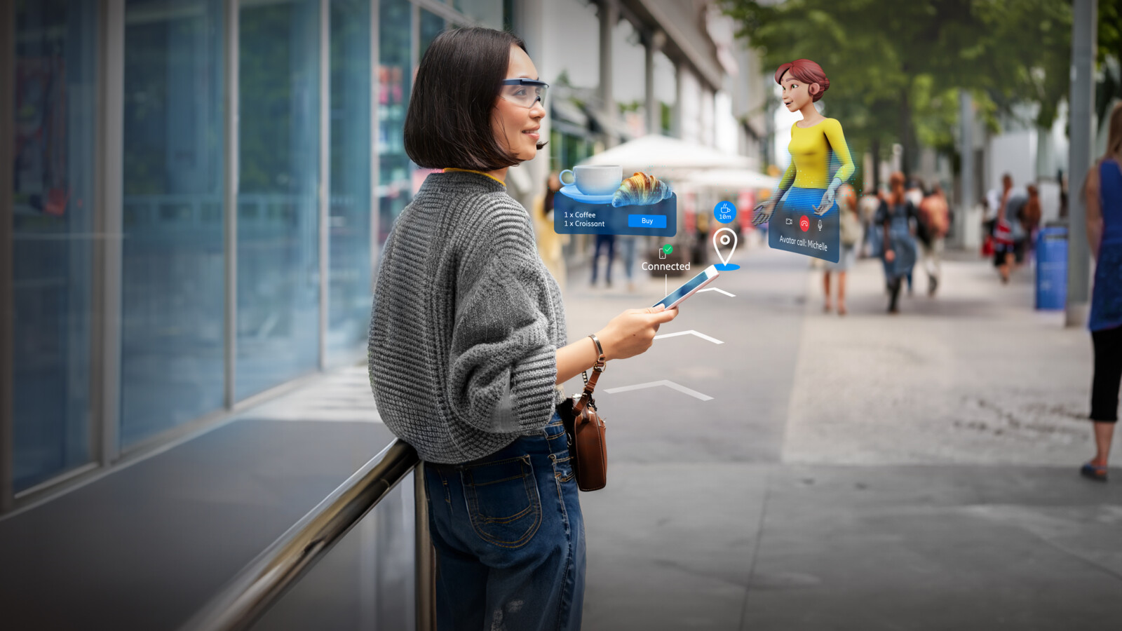 Person on sidewalk using tablet with AR elements projected, including icons and holographic images.