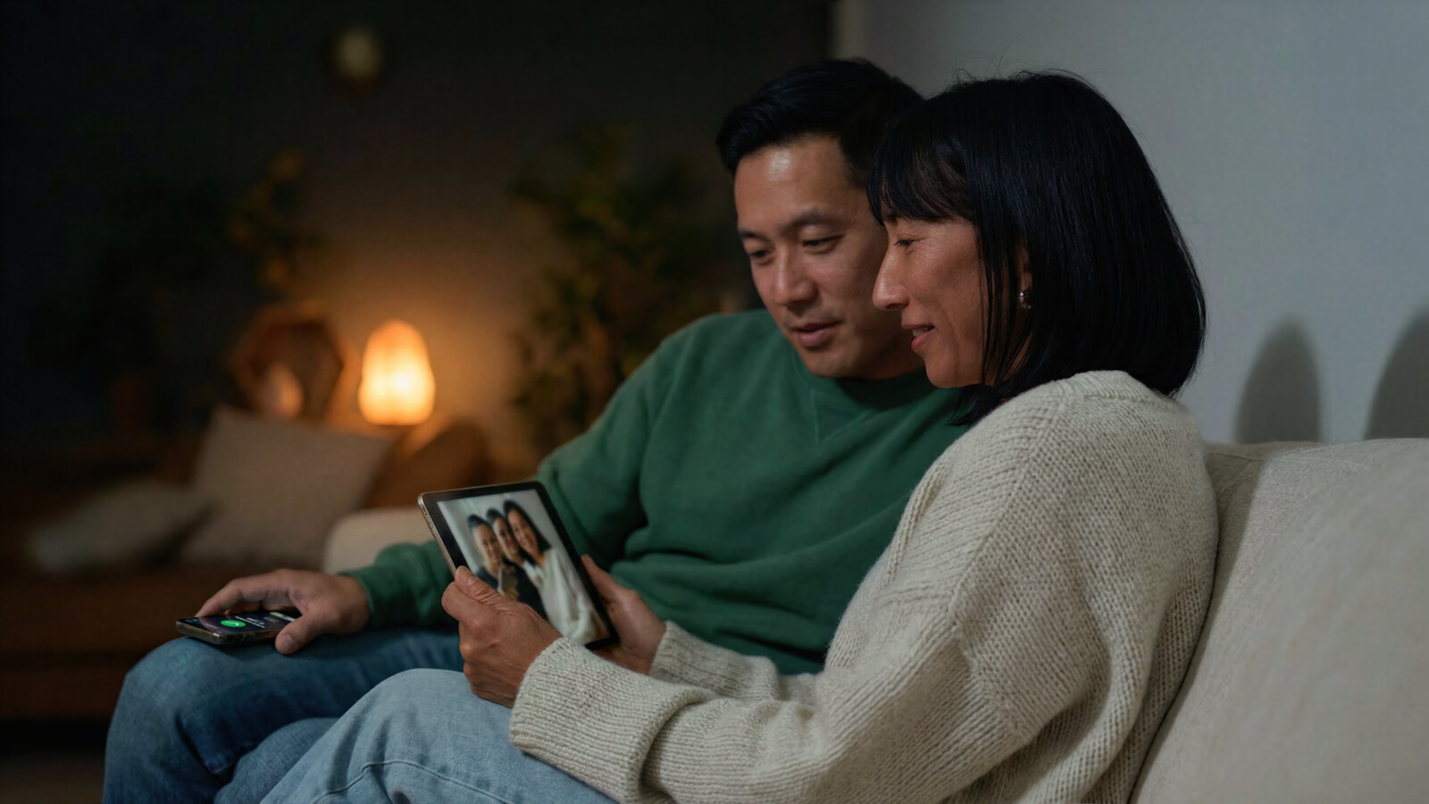 Couple sitting on couch talking with family on tablet at home