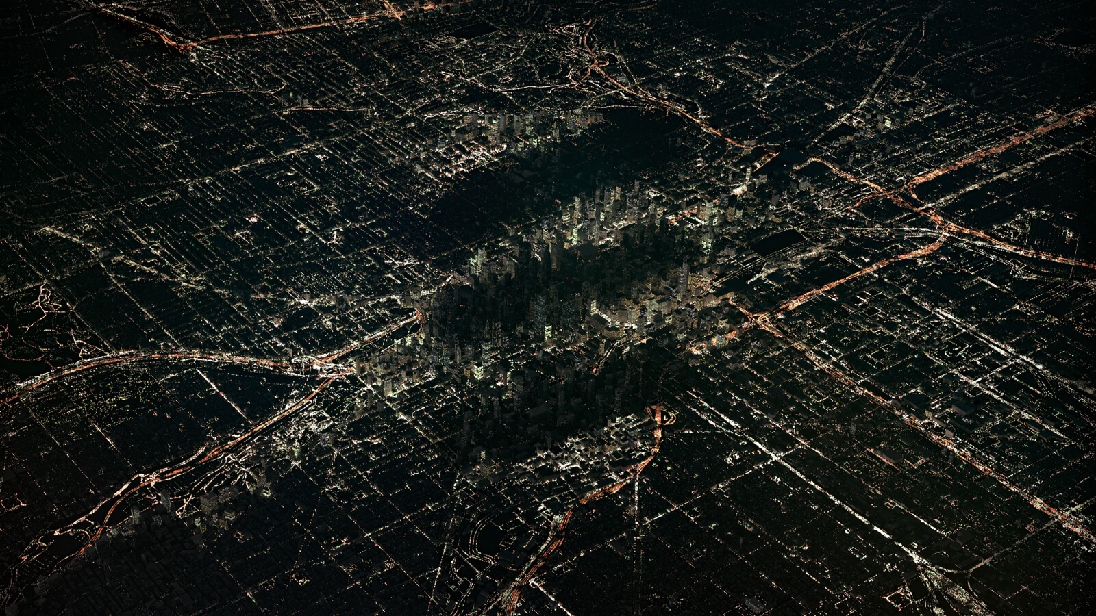 Ericsson logo over an image of a city illuminated by night