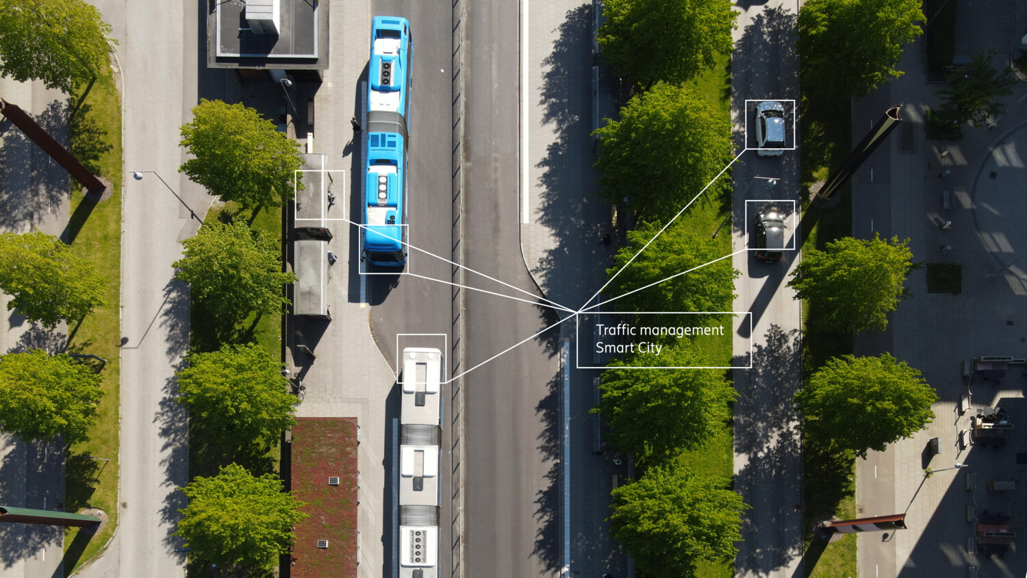 Aerial view of public transport vehicles