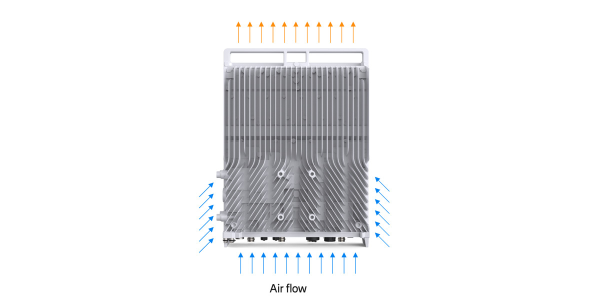 Passive cooling concept – air transports the heat away from the radio via cooling fins.