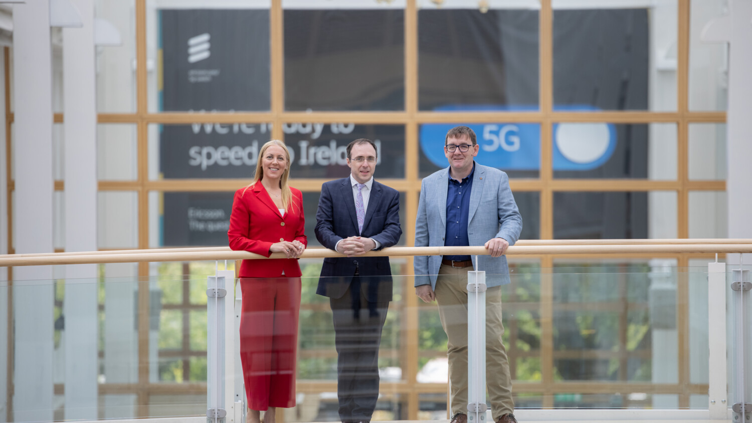 Minister of State Robert Troy with Denis Dullea, Head of R&D Ericsson Athlone and Sinéad Pillion, Head of Operations Ericsson Athlone.