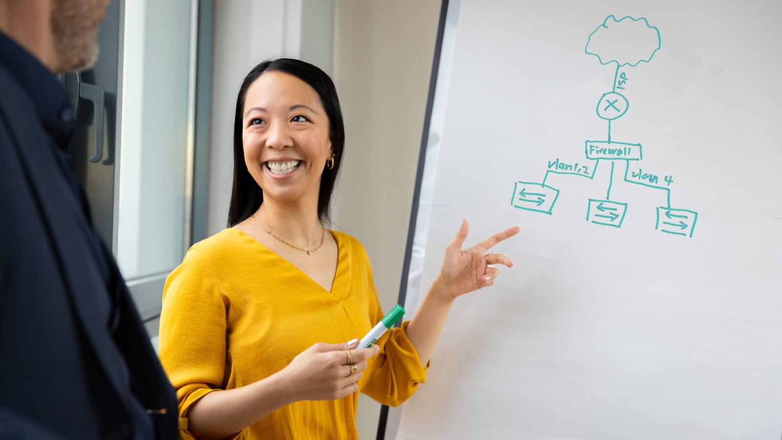 Lady drawing chart in whiteboard