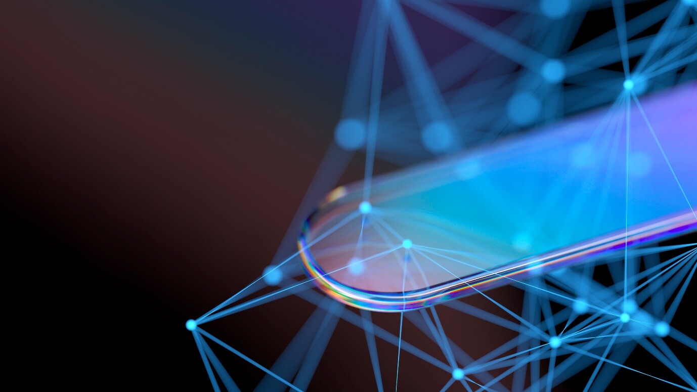 An illustration of a surfboard-like shape with rainbow-edged stripes and connected dots and lines, symbolizing AI in RAN.