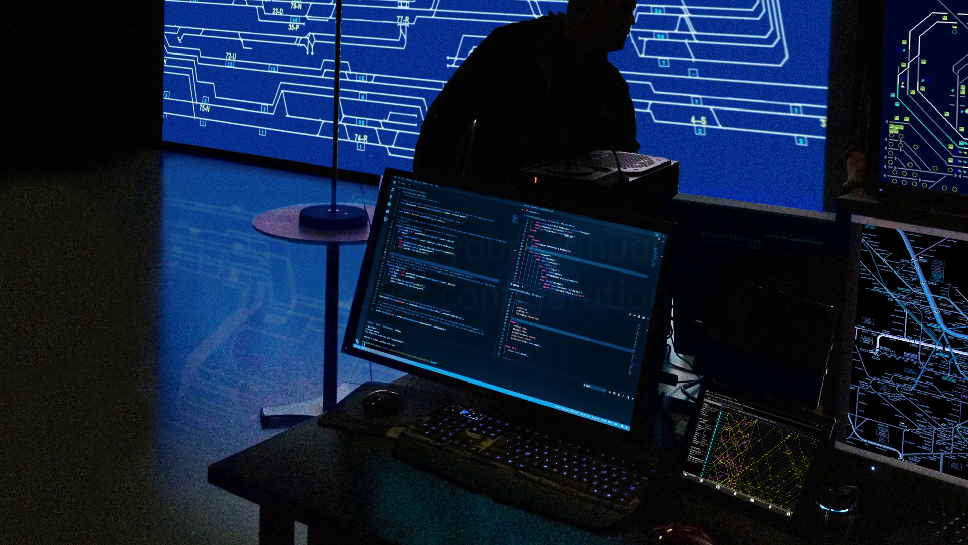 Dark room with multiple screens.