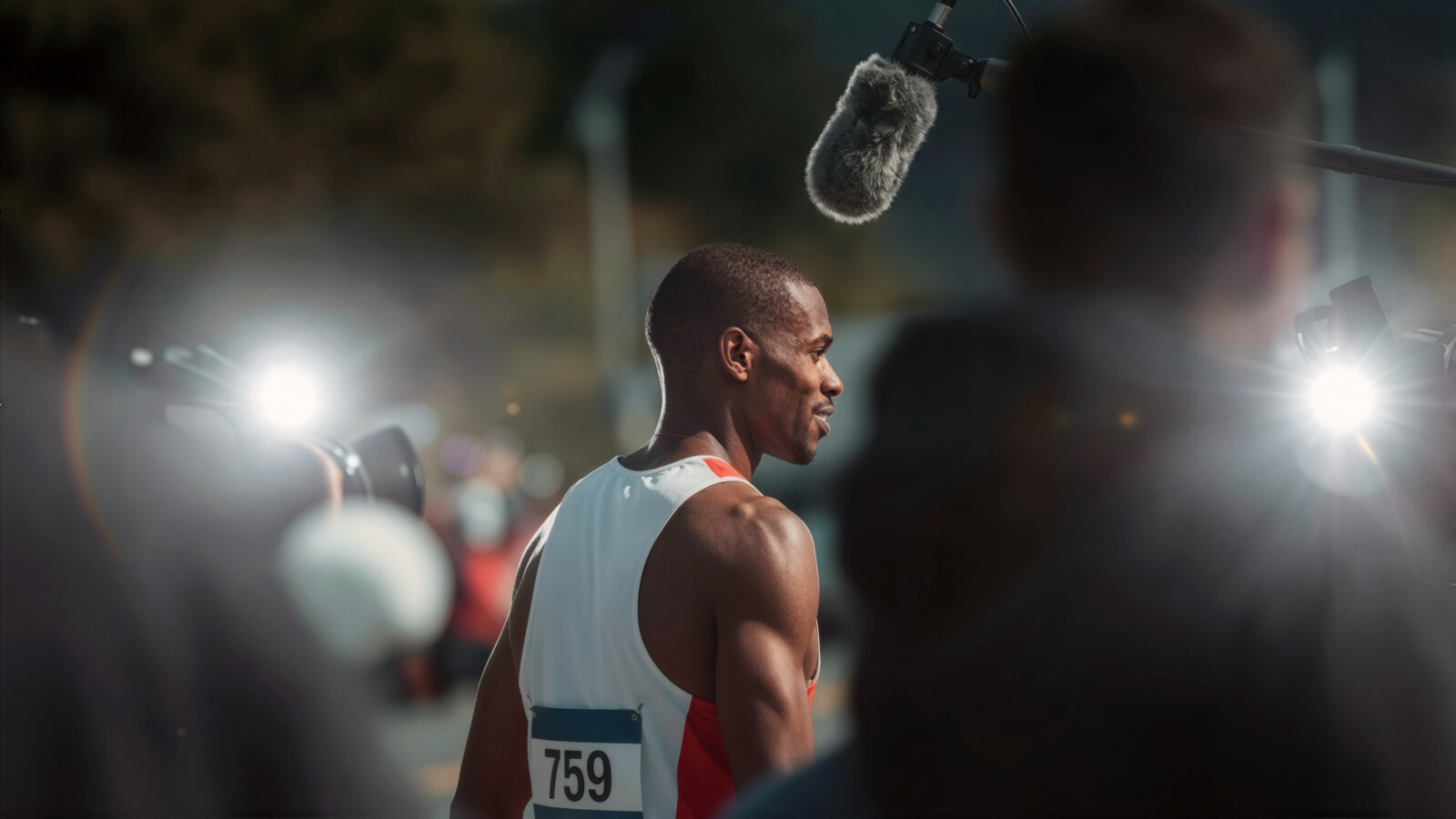 Male athlete being interviewed and photographed in green zone