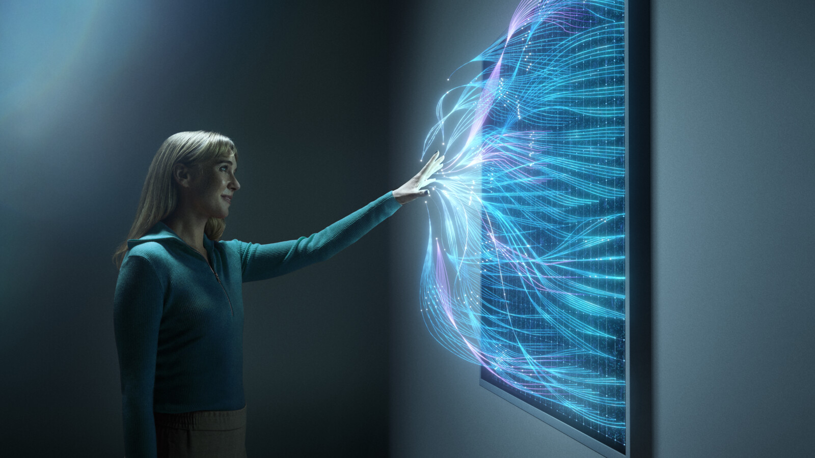 Woman interacting with immersive experience