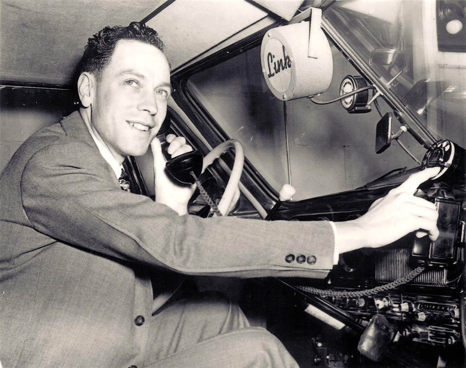  Ramsey McDonald and his automatic mobile telephone. The picture was taken in the 1950s.