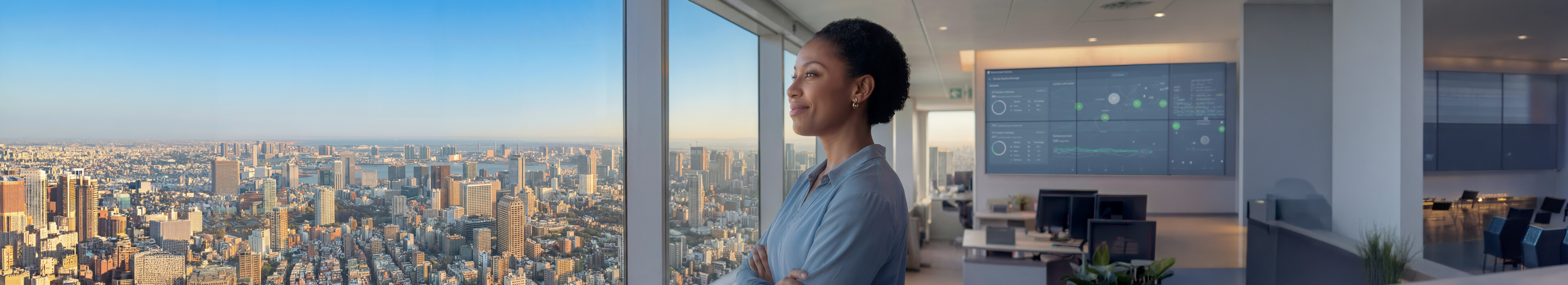 Woman enjoying the city view from office floor