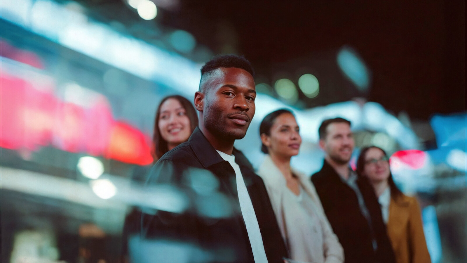 Group of young adults standing together in city at night