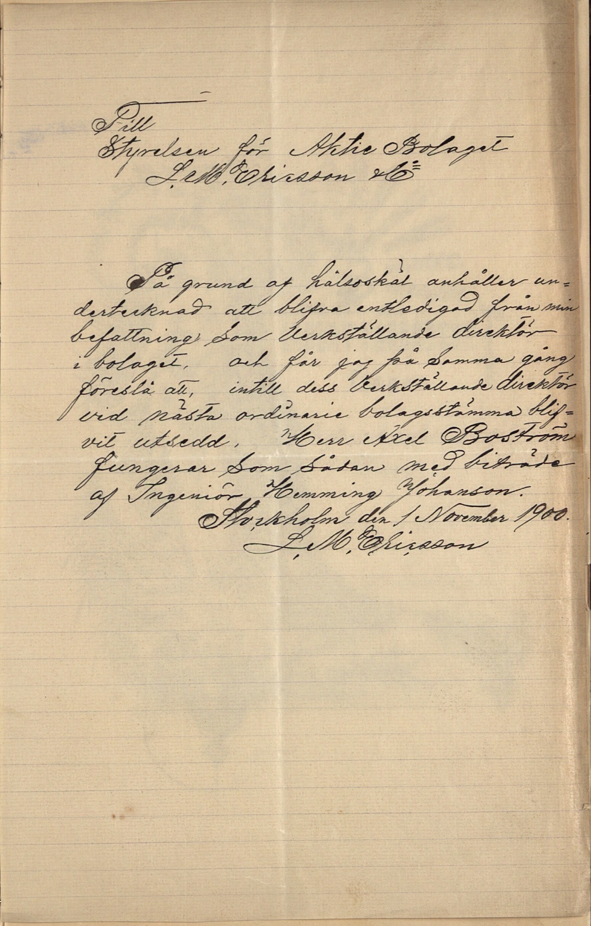 LETTER FROM LM ERICSSON TO THE BOARD, 1900