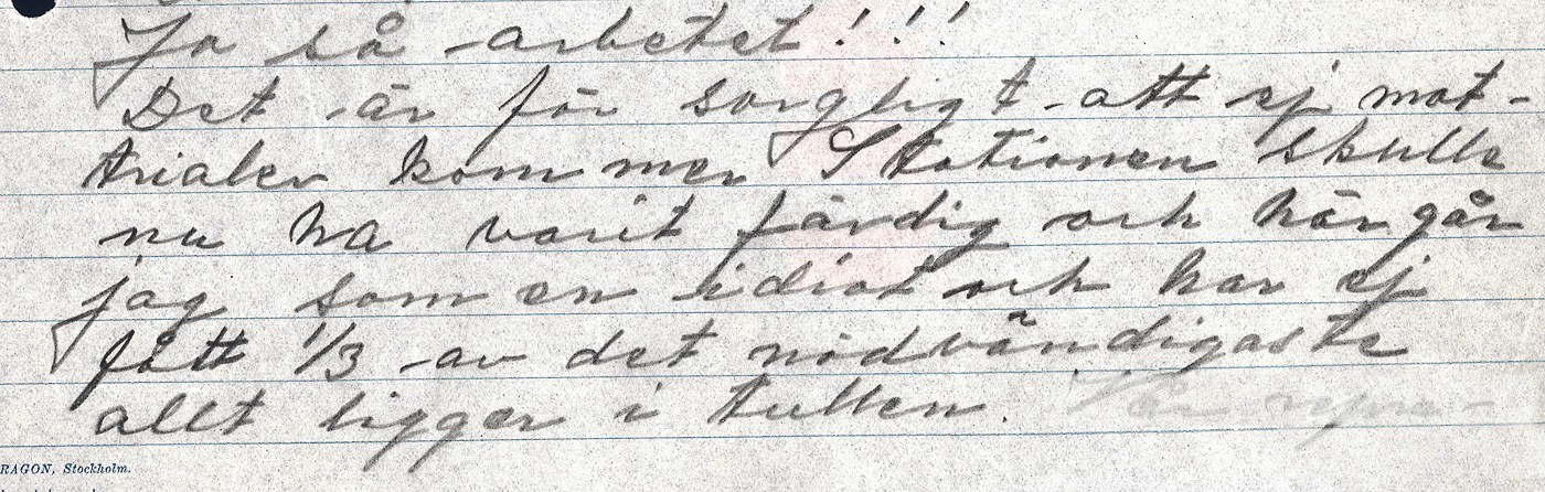 Part of letter from the assembly man Anders Ugo Persson in Brazil to the department of automatic equipment at Ericsson in Stockholm.