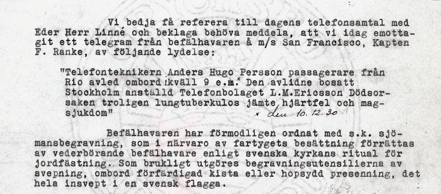 PERSSON, ANDERS UGO (ABOUT HIS DEATH, 1930)