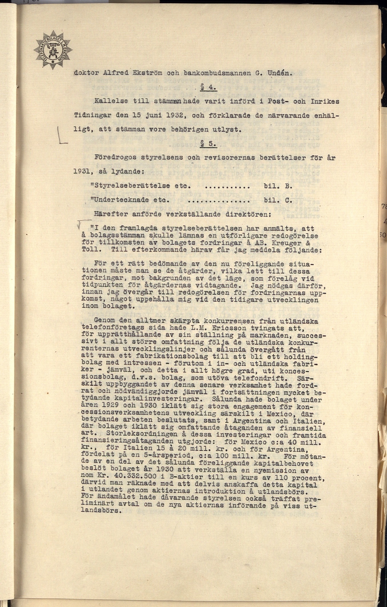 MINUTES, SHAREHOLDERS MEETING, 1932