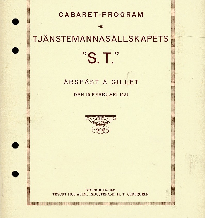 S.T., SOCIETY, CABARET PROGRAM, 1921