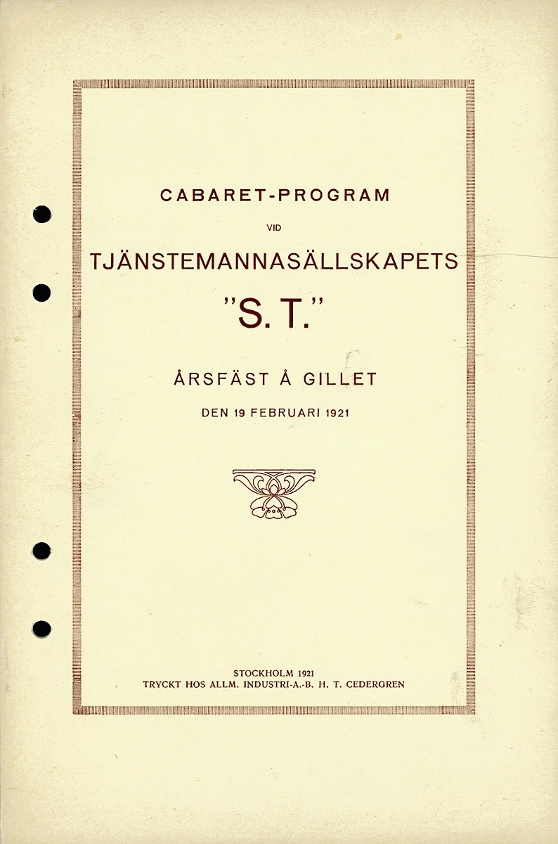 S.T., SOCIETY, CABARET PROGRAM, 1921
