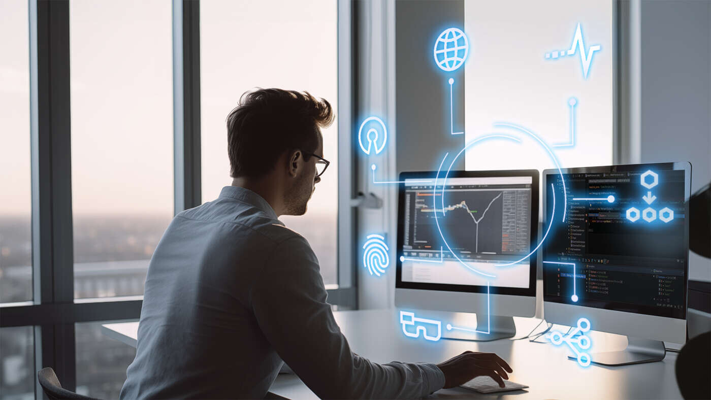 Man in front of computer with virtual overlay.