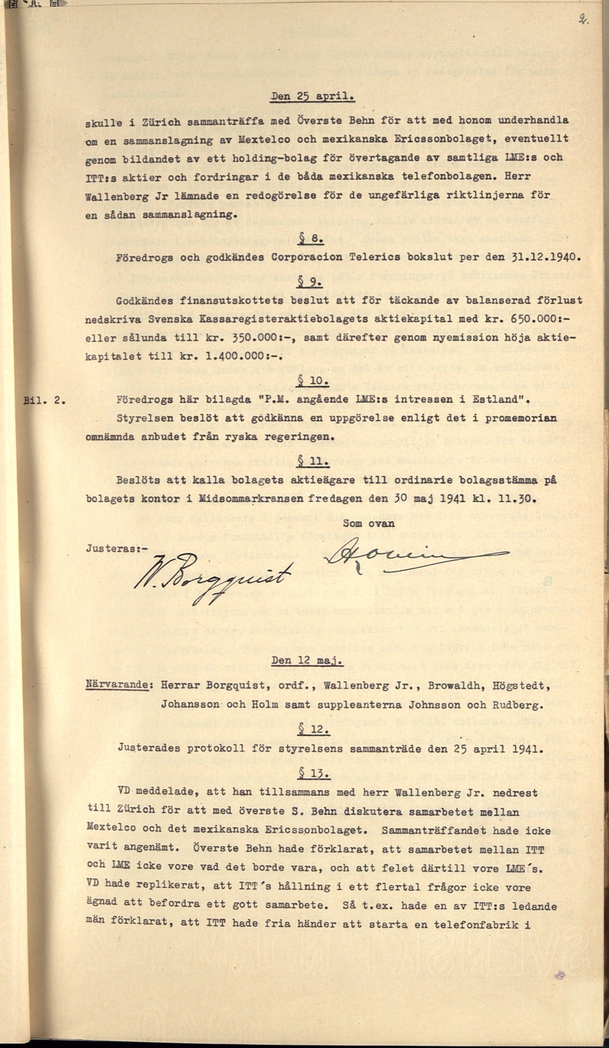 MINUTES, BOARD OF DIRECTORS, 1941
