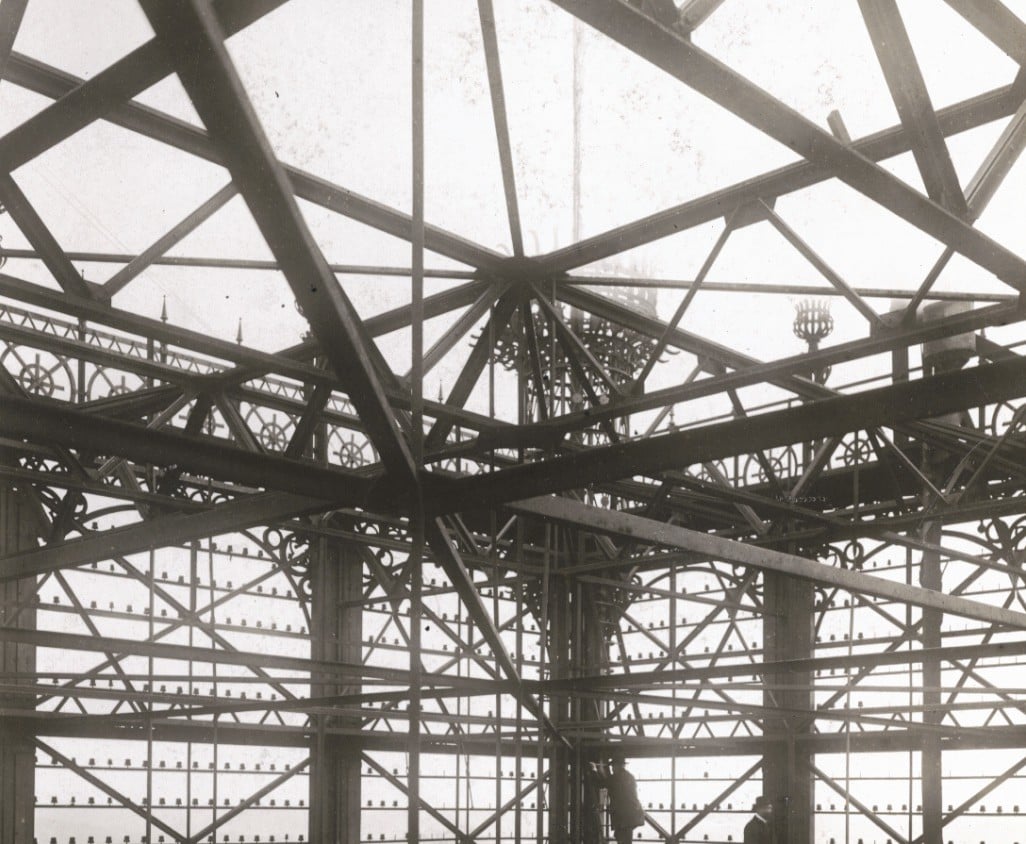 View from the inside of the steel construction of the telephone tower, 1908.