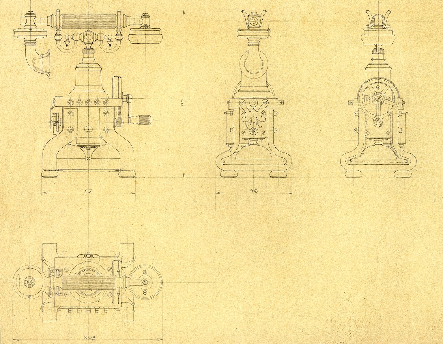 Telephone table model drawing from 1880s.