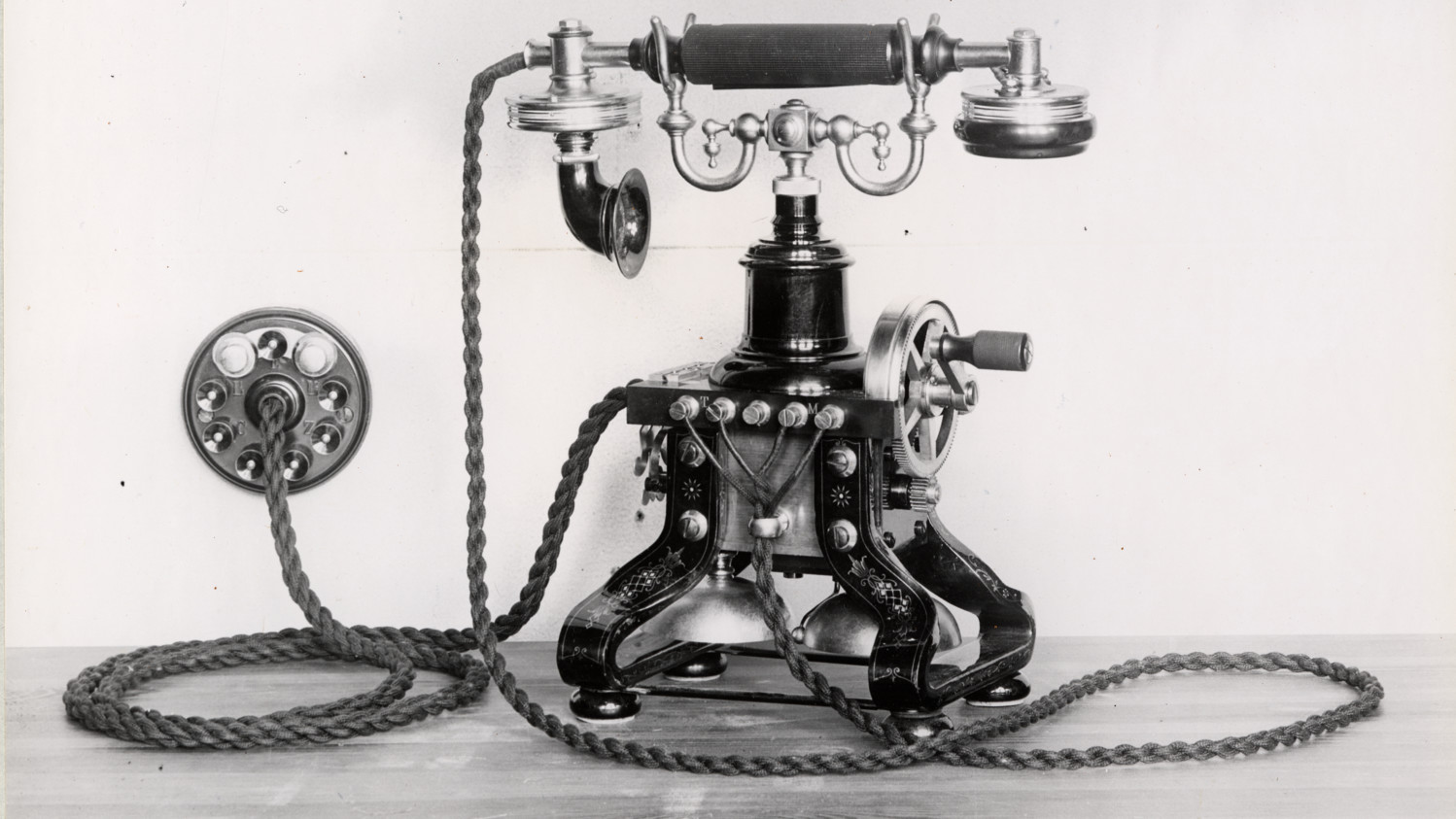 black and white photo of an original Ericsson phone from the 19th century