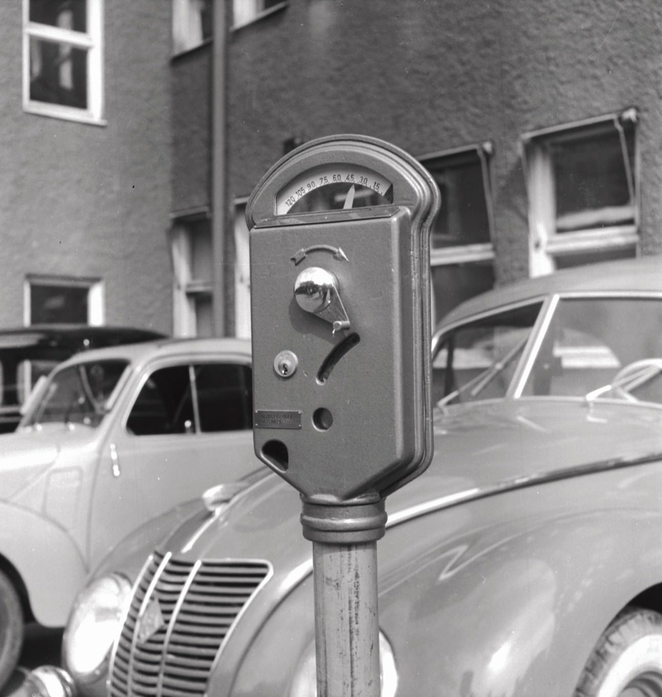 Sweden, 1954, Parking meter outside Ericsson plant in Stockholm