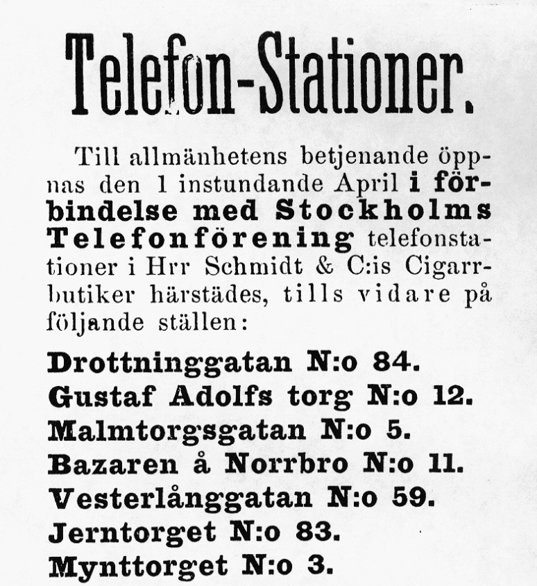Stockholm Bell Telefon AB, advert, 1882