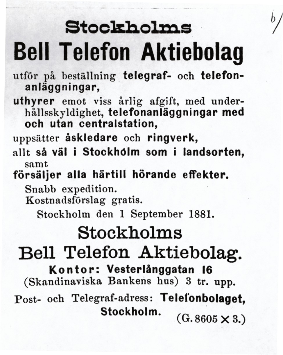 Stockholm Bell Telefon AB, advert, 1881