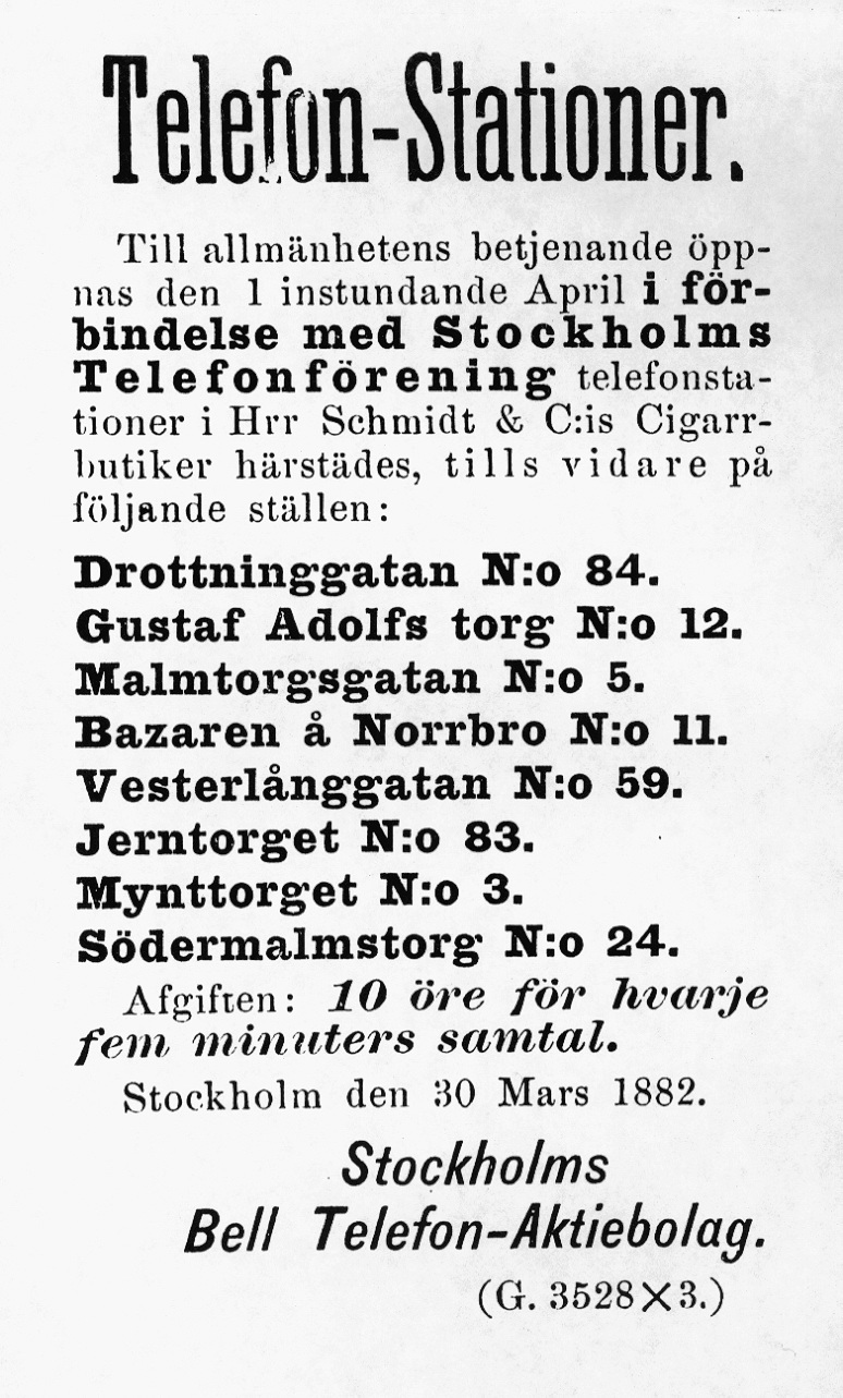 Stockholm Bell Telefon AB, advert, 1882