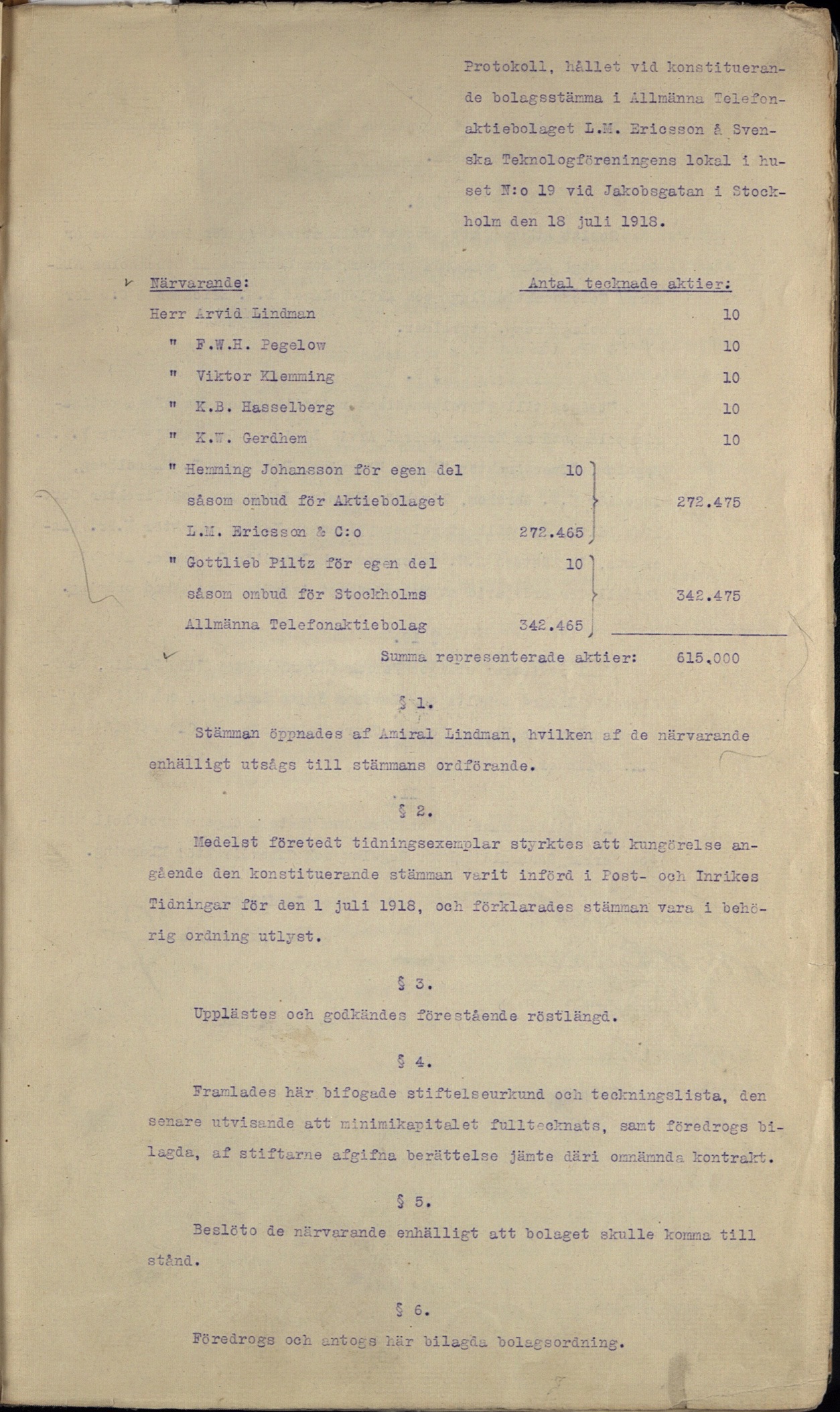 Minutes, statutory shareholders' meet., 1918