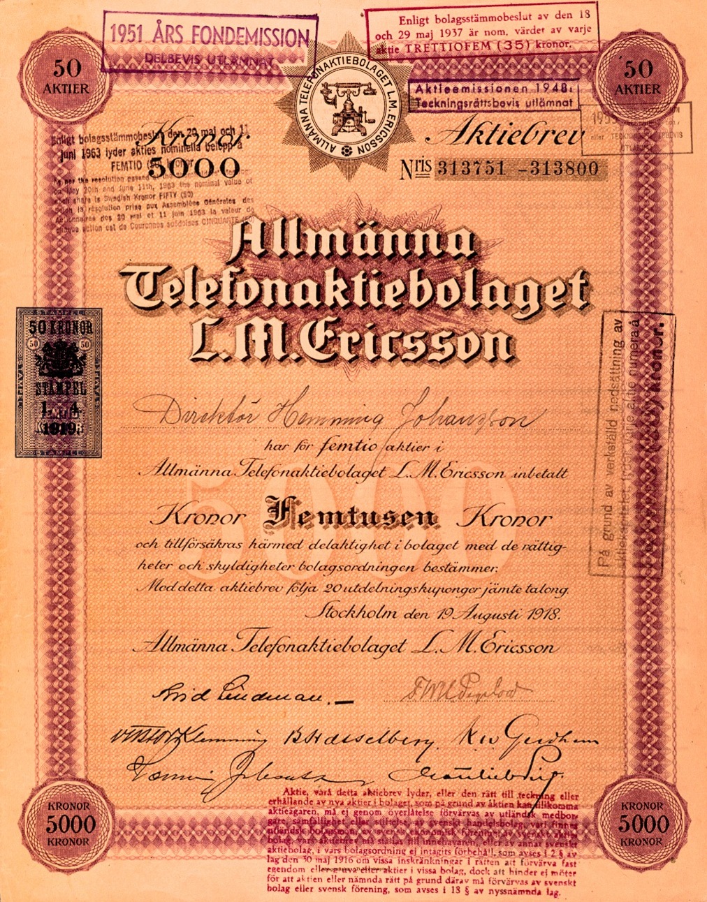 ALLMÄNNA TELEFON AB LME, SHARE, 1918
