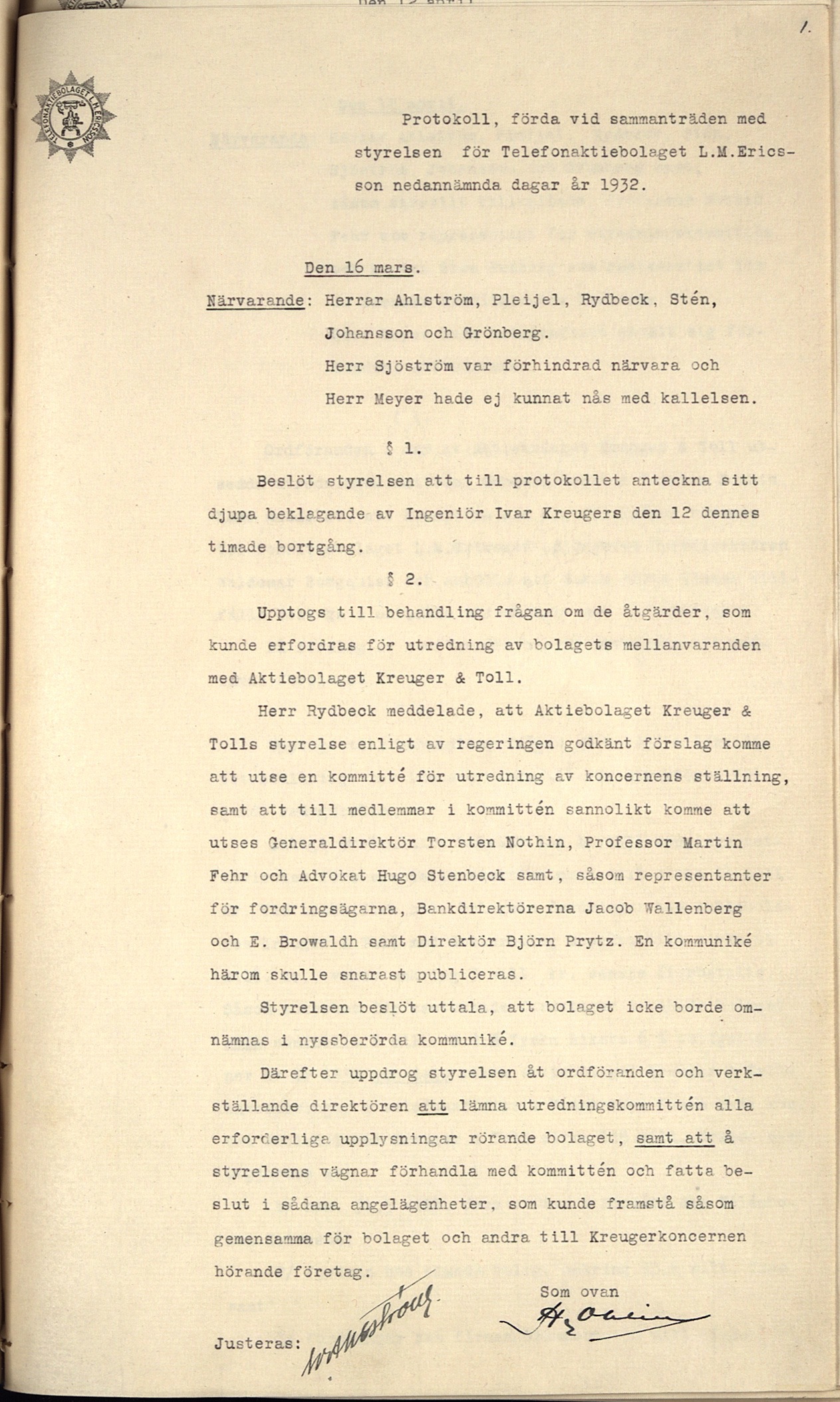 MINUTES, BOARD OF DIRECTORS, 1932