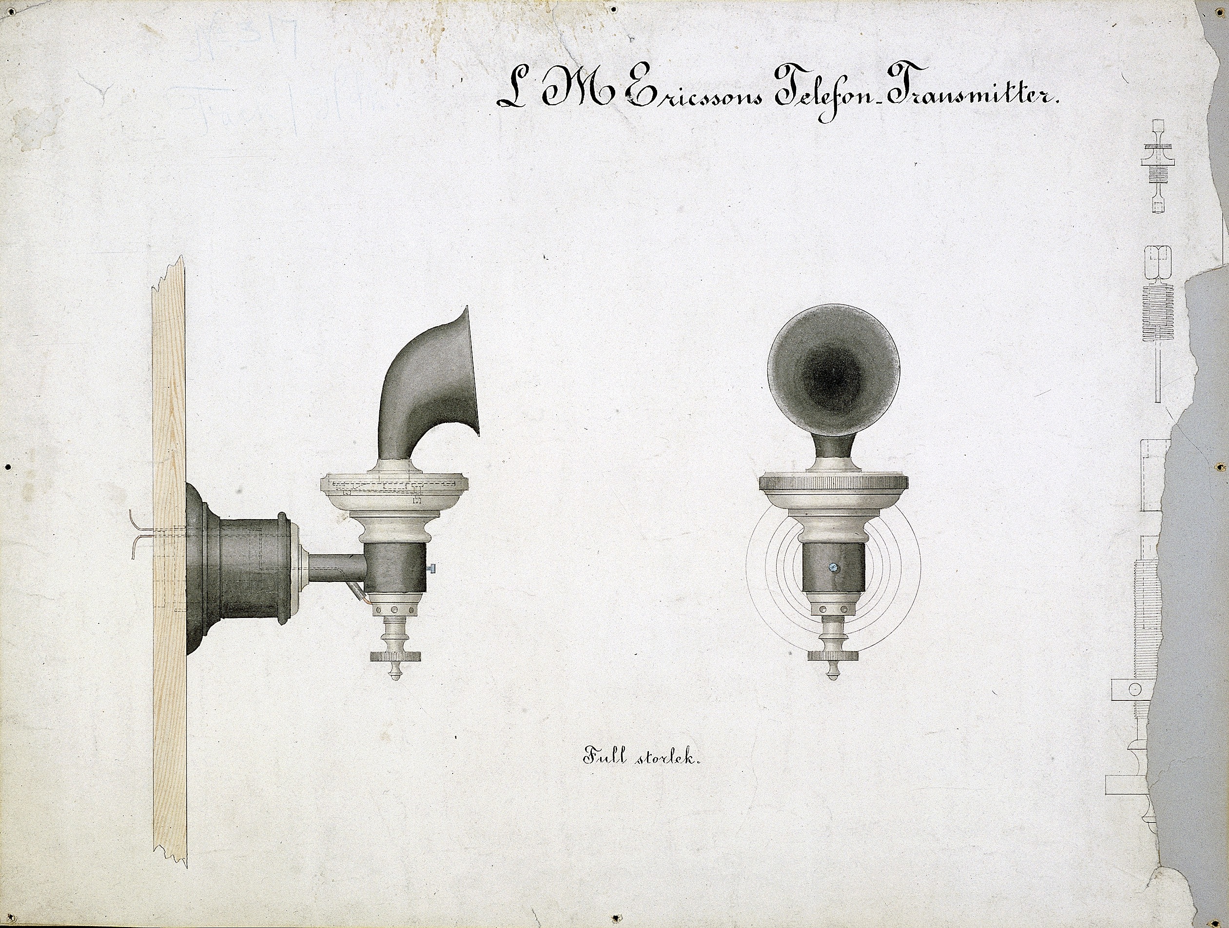 Drawing by Lars Magnus Ericsson, showing his invention the helical microphone for wall phones in 1880.