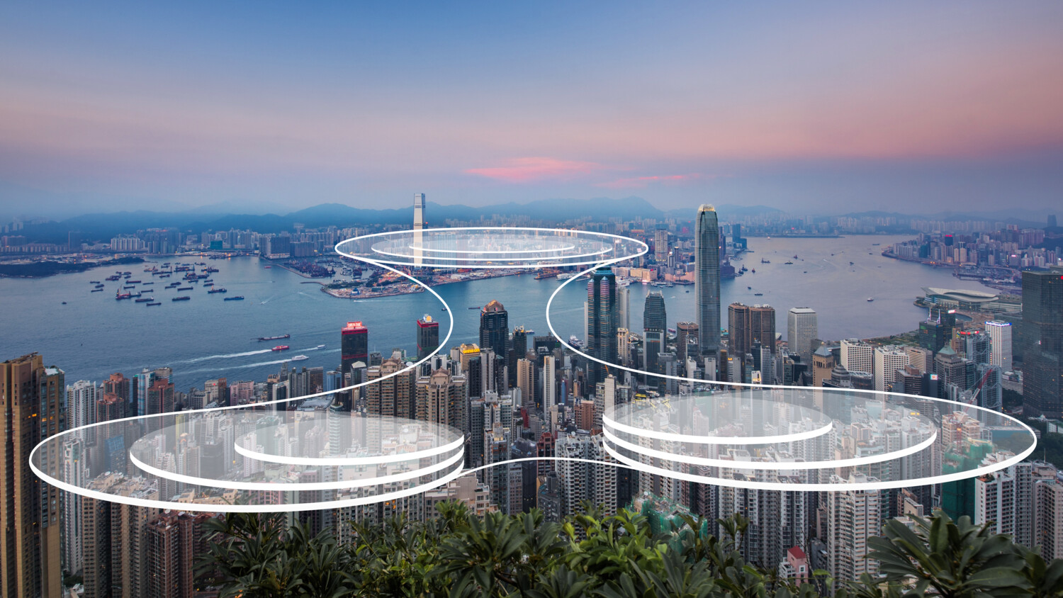 Aerial view of a city with graphical overlay representing RAN layers.