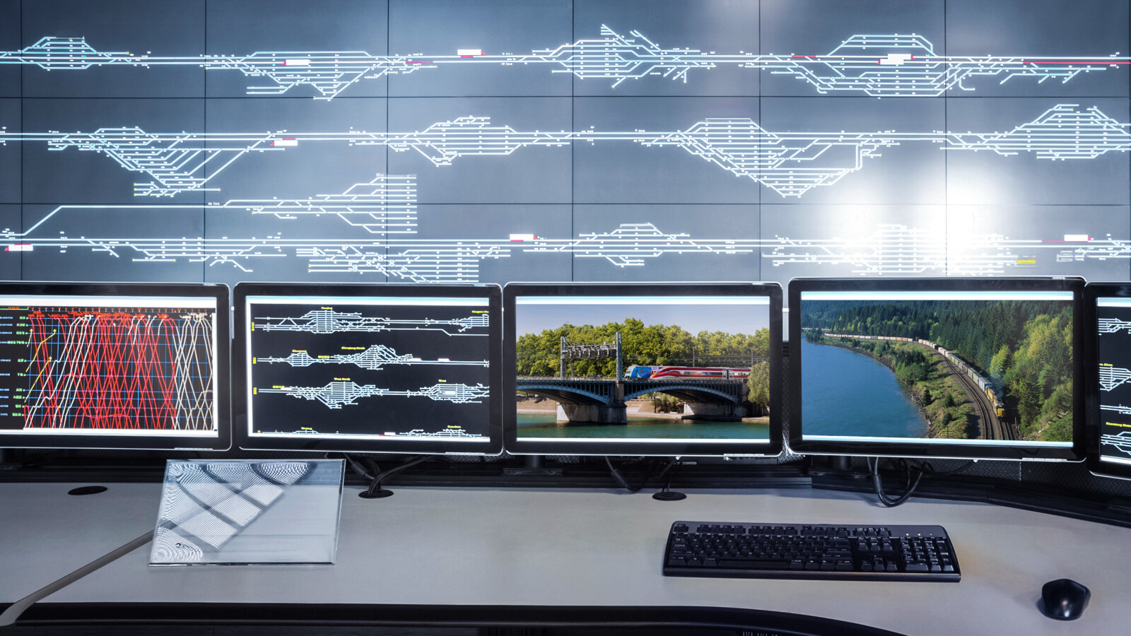 Railway control room with small and large screens.