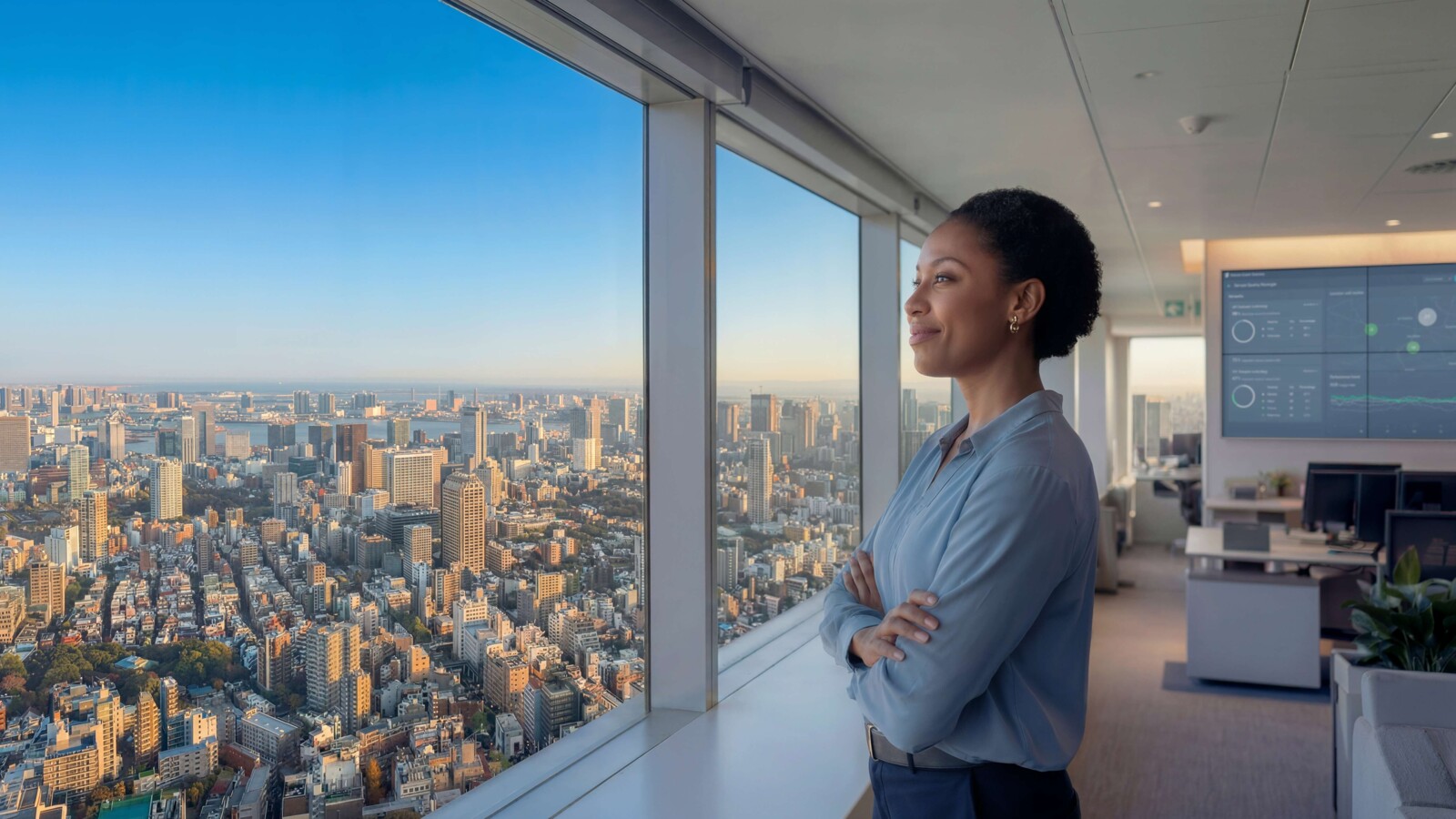 Woman looking outside from office building