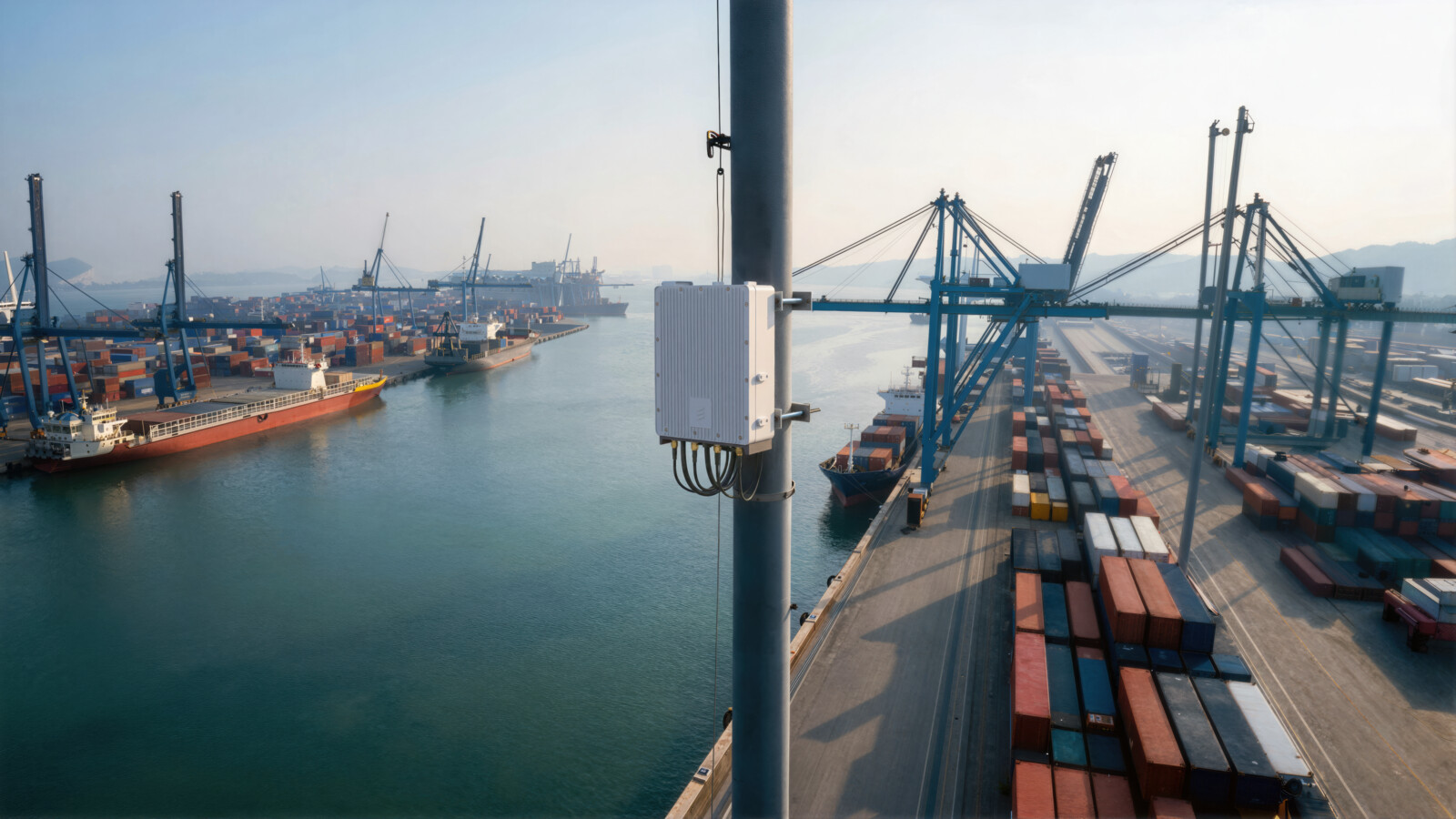 Shipping port with cranes.